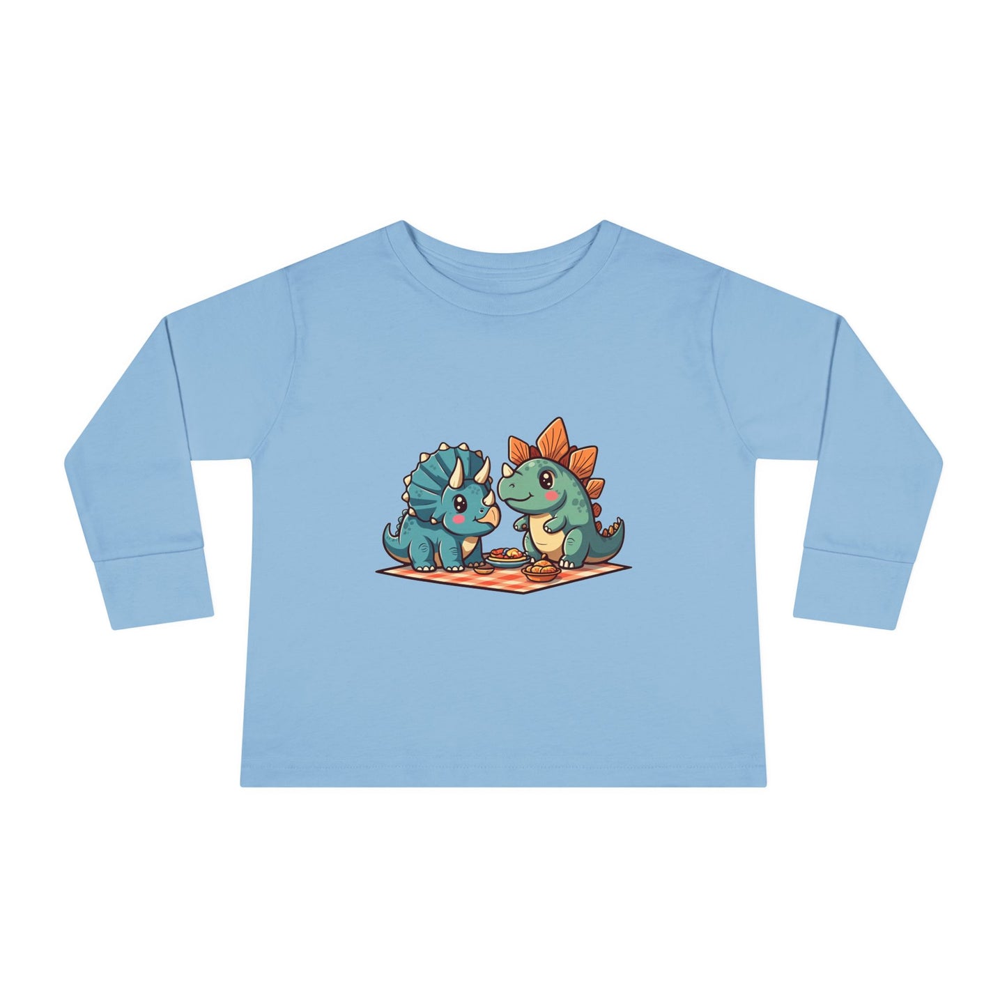 Triceratops and stegosaurus having a picnic